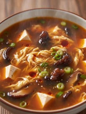 Extreme macro close-up of delicate silky egg ribbons, glossy dark wood ear mushrooms, tender tofu cubes, and red chili oil droplets in a rich broth