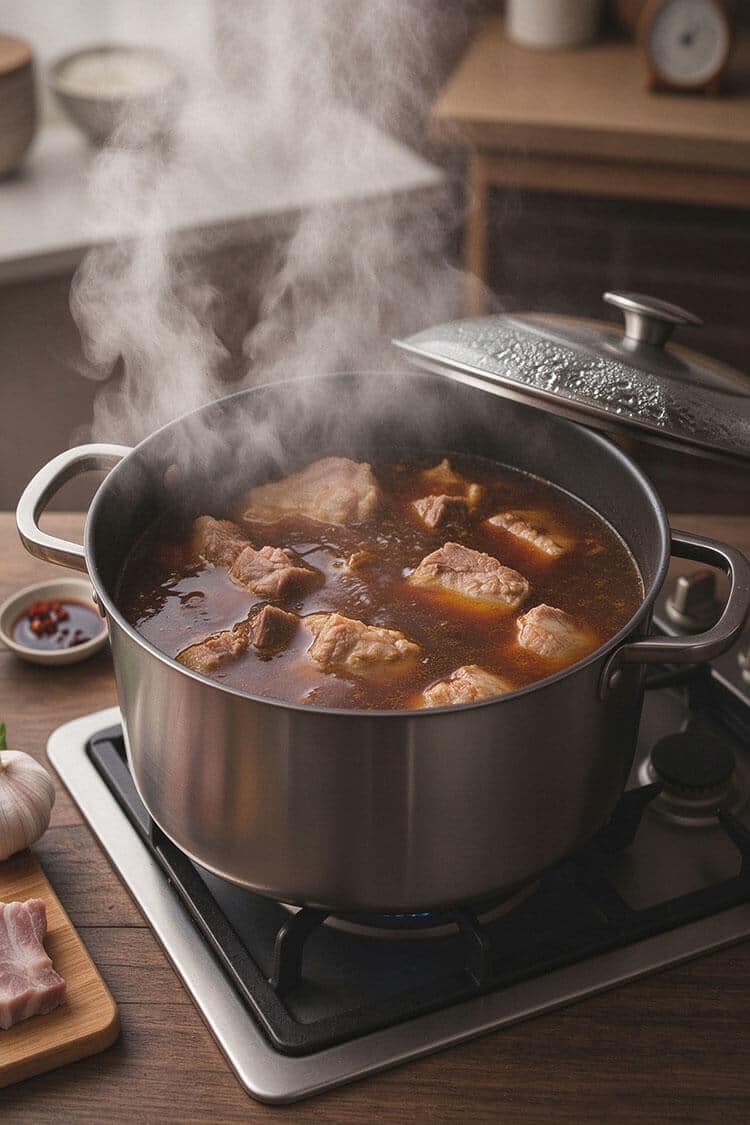 A stainless steel pot with lid slightly open, filled with bubbling rich dark amber herbal broth and tender pork ribs with steam rising on a stove