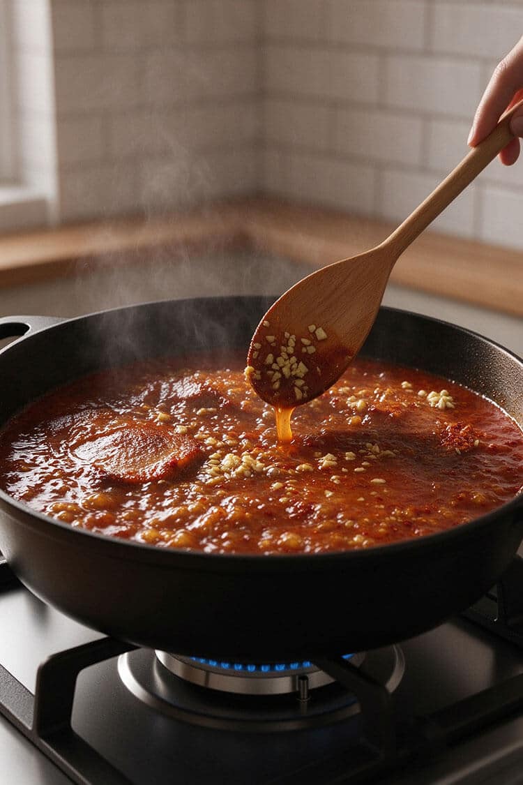 A wooden spoon stirring minced garlic into a bubbling red gochujang and soy broth with simmering pork neck in a black pot on the stove