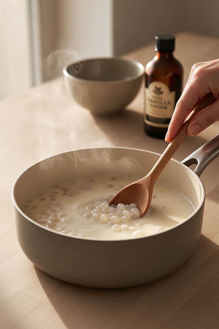 Wooden spoon stirring plump soaked tapioca pearls simmering gently in steaming warm milk inside a beige saucepan.
