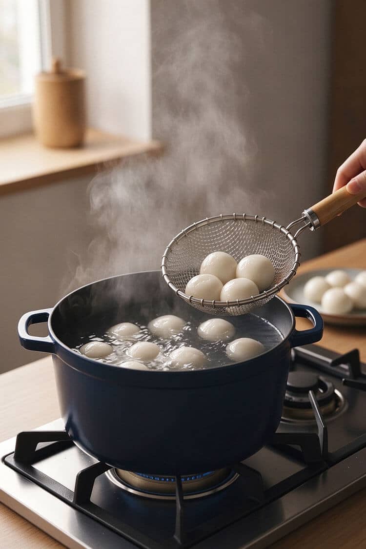 Boiling white glutinous rice balls floating in a simmering blue pot on a gas stove with a metal wire spider strainer lifting cooked balls