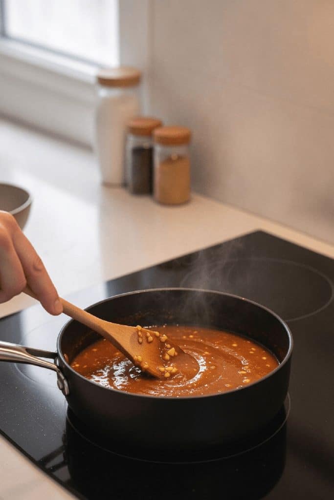 Simmering honey hot sauce glaze with minced garlic and grated ginger in a small saucepan with a wooden spoon on a stovetop.