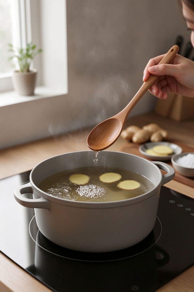 Tasting lightly simmering golden sweet ginger broth with a wooden spoon over sliced ginger in a gray pot.