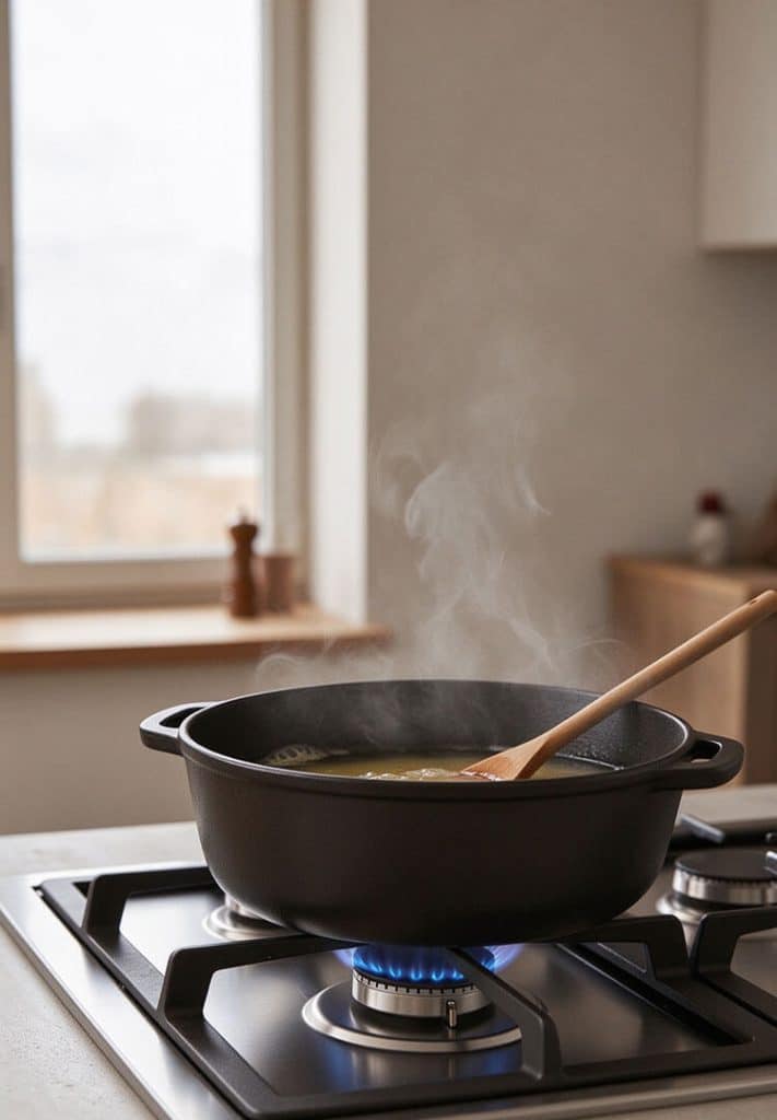 Dry white wine gently simmering with a wooden spoon in a black cast-iron fondue pot over a low gas stove flame.