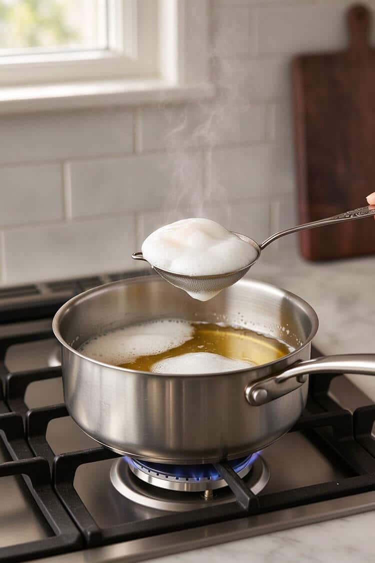 A fine mesh strainer skimming white foam from melted golden clarified butter in a stainless steel saucepan over a gas stove burner