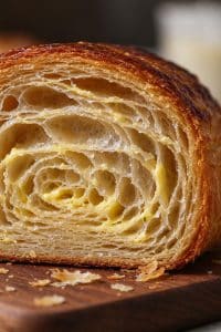 Close up cross section of a sliced danish bread loaf showing layered flaky honeycomb crumb structure.