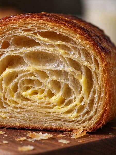 Close up cross section of a sliced danish bread loaf showing layered flaky honeycomb crumb structure.