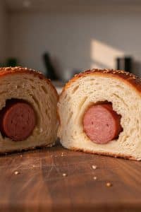Cross section of sliced HK sausage buns showing tender, airy milk bread crumb wrapping tightly around a hot dog.