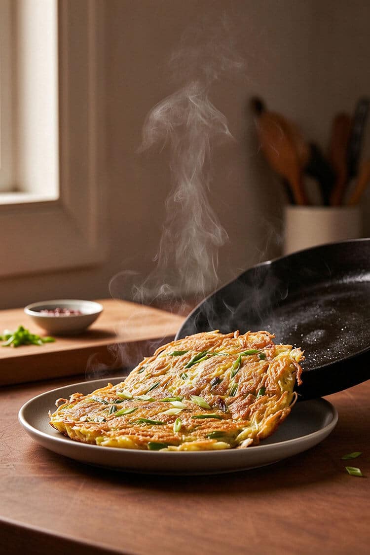 Sliding the hot steaming pan-fried noodlefish egg omelet directly from a cast iron skillet onto a serving plate.