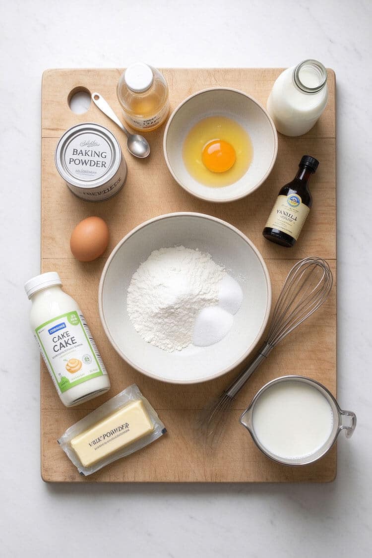 Overhead flatlay view of cake flour in a bowl, baking powder tin, whole milk in a glass bottle and measuring cup, egg in a small bowl, butter block, vanilla extract, sugar, and wire whisk on a wooden board