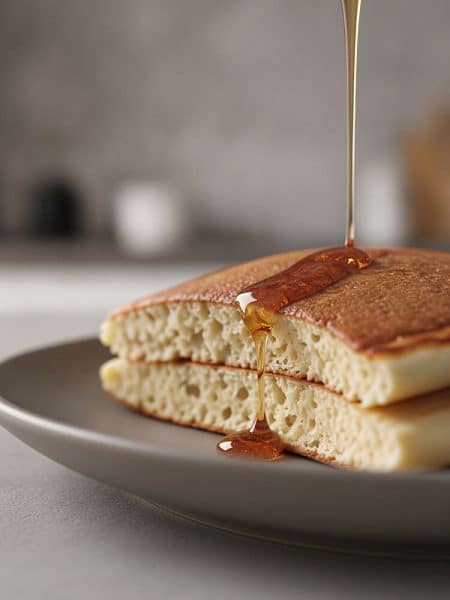 Macro close-up cross-section of a sliced fluffy pancake showing an airy, soft, cake-like interior crumb with a stream of golden maple syrup pouring over the golden top crust