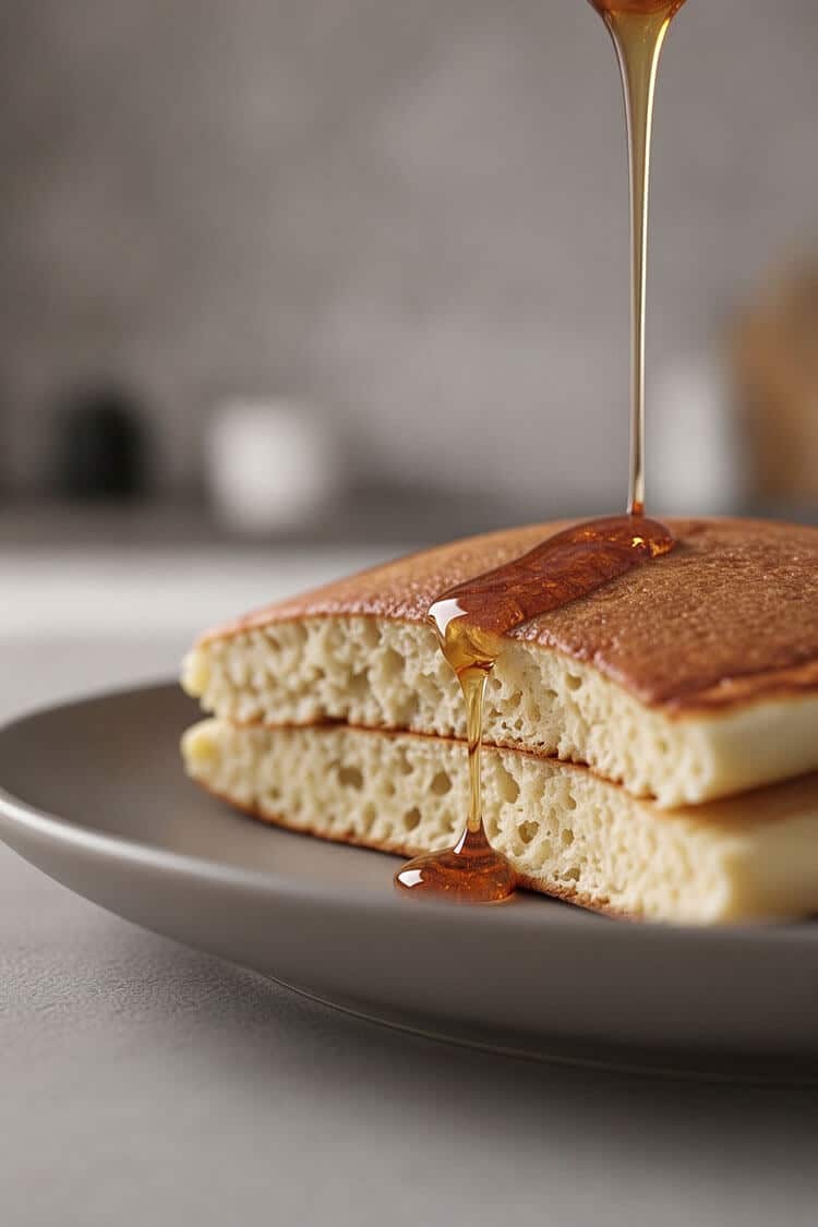 Macro close-up cross-section of a sliced fluffy pancake showing an airy, soft, cake-like interior crumb with a stream of golden maple syrup pouring over the golden top crust