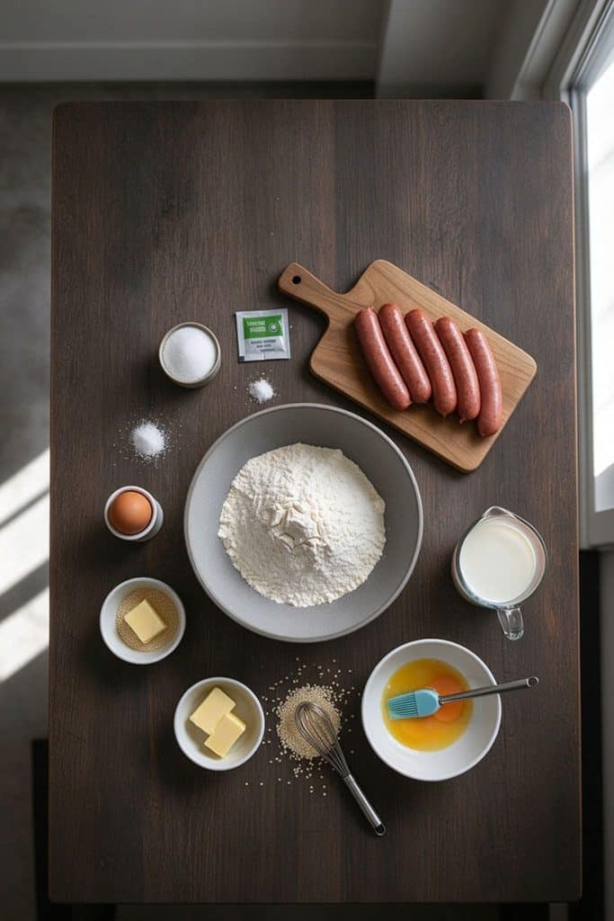 Flat lay of ingredients for soft sausage buns including bread flour, smoked sausages, milk, butter, and sesame seeds.
