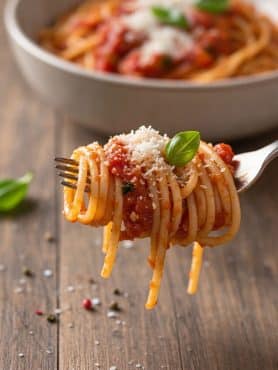 Macro close-up of a fork holding a neat twirl of glossy al dente spaghetti coated in thick tomato sauce, topped with grated Parmesan and a tiny fresh basil leaf