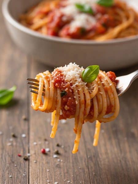Macro close-up of a fork holding a neat twirl of glossy al dente spaghetti coated in thick tomato sauce, topped with grated Parmesan and a tiny fresh basil leaf