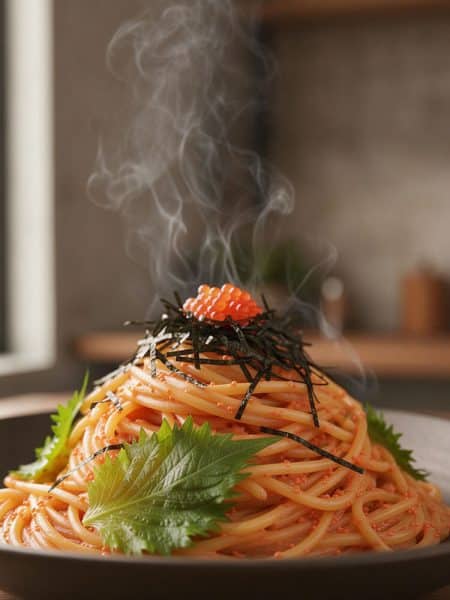 A steaming, close-up bowl of twirled spicy mentaiko spaghetti glistening with roe sauce, topped with shredded nori, fresh shiso leaves, and a spoonful of bright orange ikura salmon roe