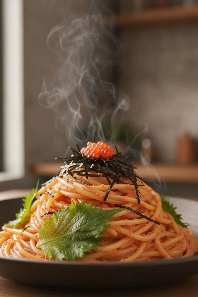 A steaming, close-up bowl of twirled spicy mentaiko spaghetti glistening with roe sauce, topped with shredded nori, fresh shiso leaves, and a spoonful of bright orange ikura salmon roe