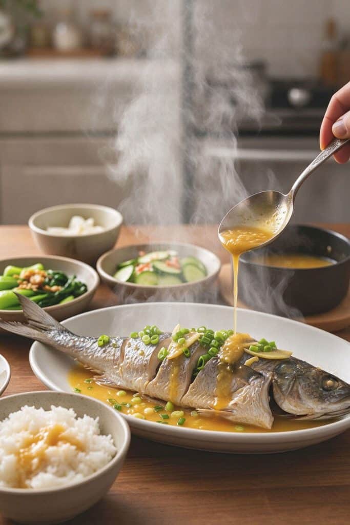 Spooning hot garlic lemon sauce over steaming whole fish served with bowls of white rice, bok choy, and cucumber salad.