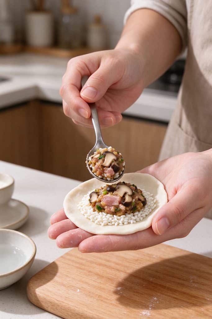 Hands holding a flattened portion of warm rice while spooning savory pork and mushroom filling into the center.