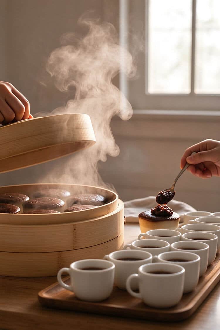 Hands lifting a bamboo steamer lid with clouds of steam rising, spooning sweet red bean paste onto a warm steamed put chai ko next to white ceramic cups