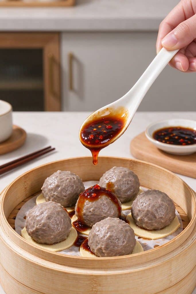 Spooning savory hoisin chili sauce over hot steamed meatballs arranged on tofu skin in a bamboo basket.