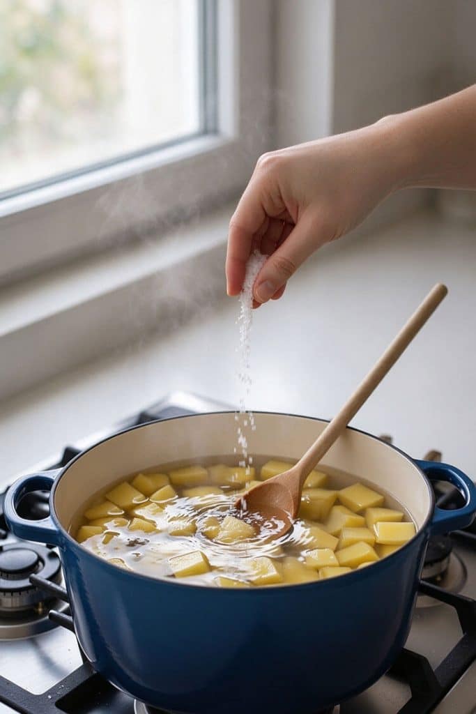 Hand sprinkling coarse salt into a blue pot filled with cold water and cubed Yukon Gold potatoes.
