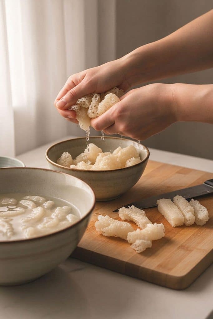 Squeezing excess water from rehydrated spongy dried fish maw over ceramic bowls on a wooden cutting board with sliced pieces.