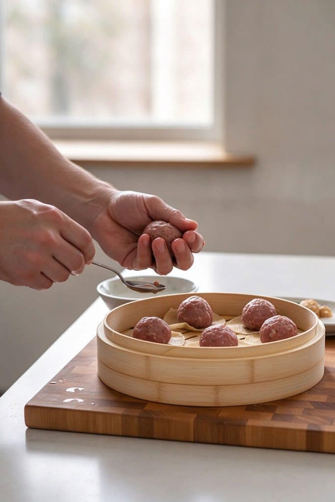 Squeezing a smooth meatball through fingers with a wet spoon onto a tofu skin round in a bamboo steamer.