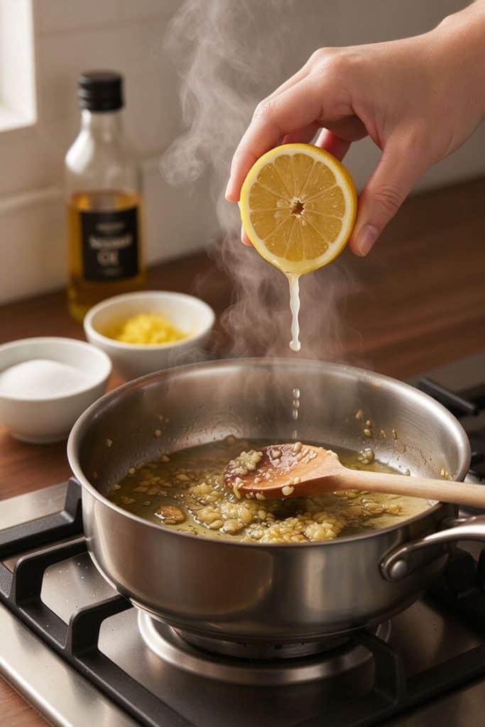 Squeezing fresh lemon juice into a stainless steel saucepan with sautéed minced garlic and bubbling sauce.