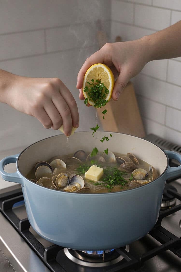 Squeezing fresh lemon juice over steamed open clams in a blue pot while adding cold butter and chopped fresh parsley