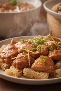 Macro close-up of glossy steamed chicken thigh resting on honeycomb fish maw soaked in savory juices, garnished with spring onion and ginger.