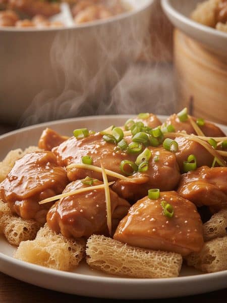 Macro close-up of glossy steamed chicken thigh resting on honeycomb fish maw soaked in savory juices, garnished with spring onion and ginger.