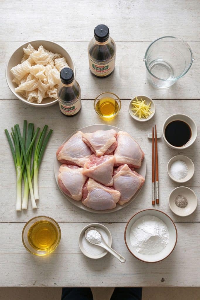 Overhead flat lay of steamed chicken with fish maw ingredients including raw chicken thighs, soaked fish maw, scallions, ginger slices, soy sauce, sesame oil, and cornstarch.