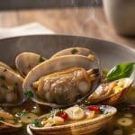 Macro close-up of a plump, juicy steamed clam open in its shell bathed in golden garlic butter broth with sliced garlic and red pepper flakes