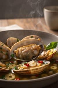 Macro close-up of a plump, juicy steamed clam open in its shell bathed in golden garlic butter broth with sliced garlic and red pepper flakes