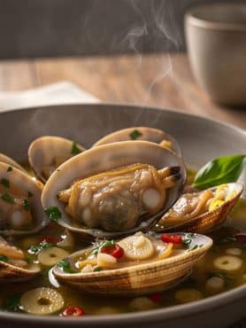 Macro close-up of a plump, juicy steamed clam open in its shell bathed in golden garlic butter broth with sliced garlic and red pepper flakes