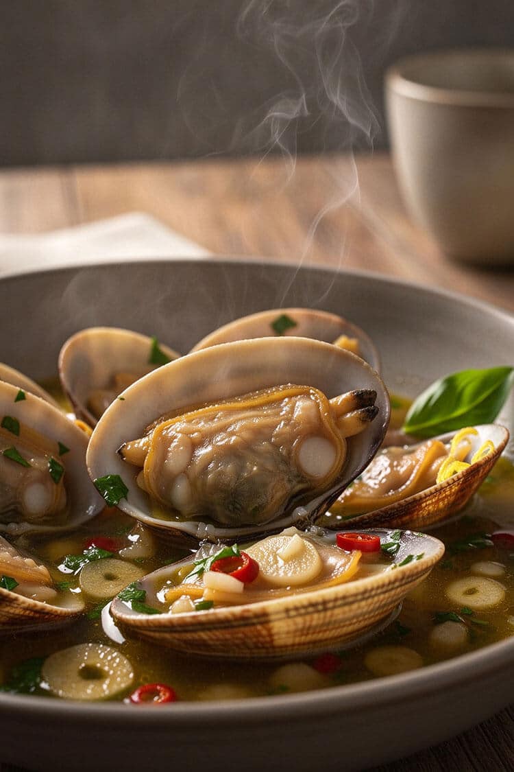Macro close-up of a plump, juicy steamed clam open in its shell bathed in golden garlic butter broth with sliced garlic and red pepper flakes