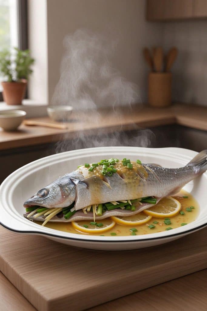 Whole steamed mullet fish with lemon sauce steaming on a ceramic platter garnished with sliced lemons and green onions.