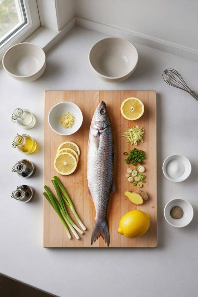 Flat lay of ingredients for steamed mullet including fresh whole fish, lemons, sliced ginger, garlic cloves, scallions, and soy sauce on a wooden board.