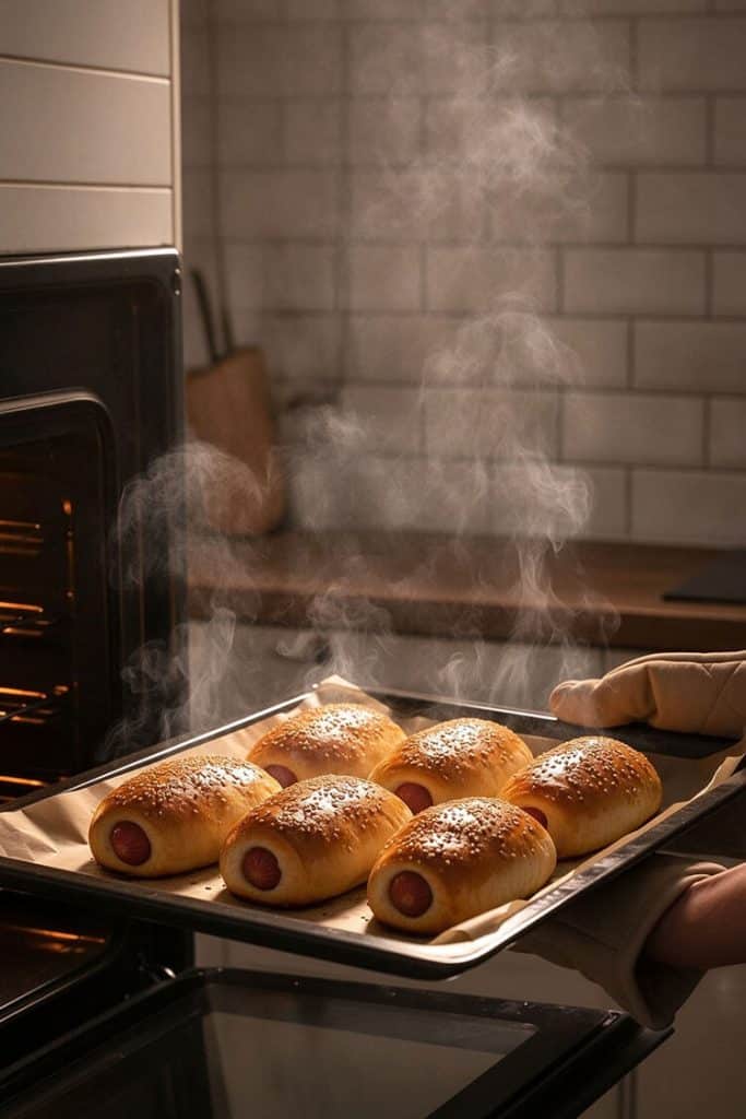Steaming golden baked sausage buns straight out of the oven held in oven mitts on a baking sheet.