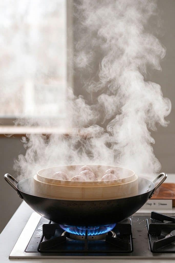 Thick clouds of white steam rising around a bamboo steamer over a boiling wok on a gas stovetop.