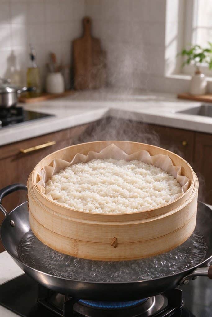 Steaming soaked glutinous rice over parchment paper inside a round bamboo steamer basket with thick white steam rising.