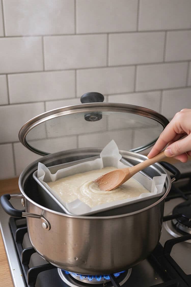 Smoothing the top of the turnip cake paste with a wooden spoon inside a parchment-lined square baking pan set in a steaming pot.