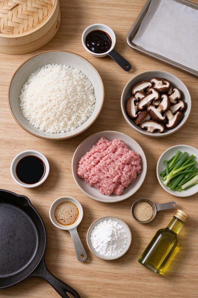 Overhead flat lay of soaked glutinous rice, ground pork, sliced shiitake mushrooms, scallions, soy sauce, and bamboo steamer on a kitchen counter.