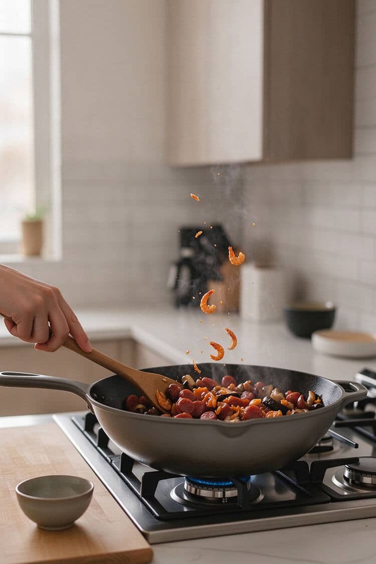 Stir-frying diced Chinese sausage, soaked dried shrimp, and shiitake mushrooms in a wok over medium-high heat until aromatic and sizzling.