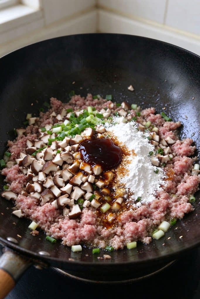 Stir-frying seasoned ground pork, diced shiitake mushrooms, and green onions with oyster sauce in a hot black wok.