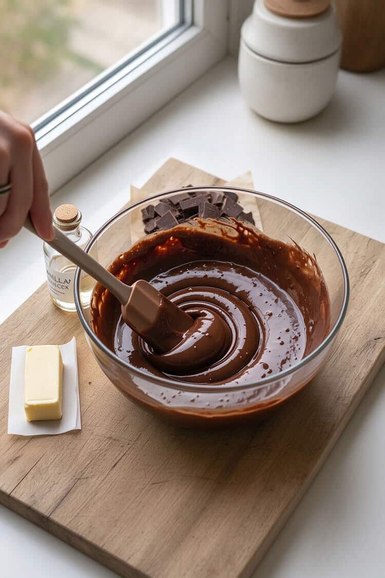 A silicone spatula stirring warm heavy cream and melted dark chocolate in slow concentric circles to emulsify into a glossy ganache in a glass bowl