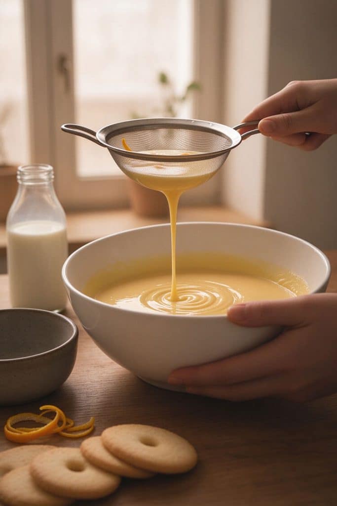 Pouring warm infused milk through a fine-mesh sieve into the egg yolk mixture while whisking to temper smoothly.