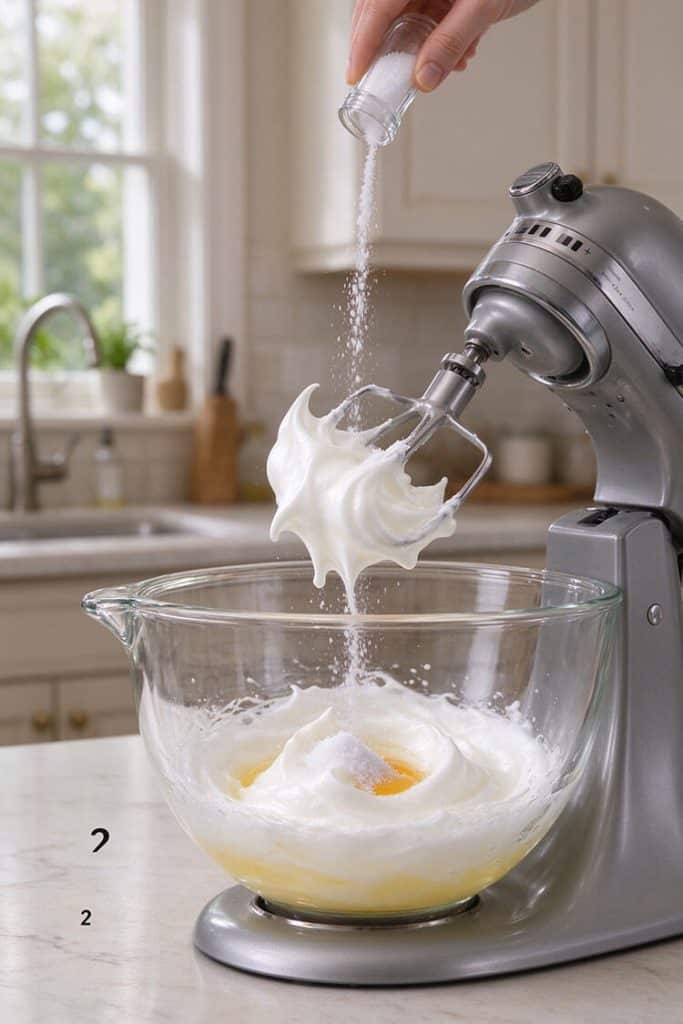 Pouring granulated sugar slowly into stiff, glossy whipped egg white meringue in a glass stand mixer bowl.