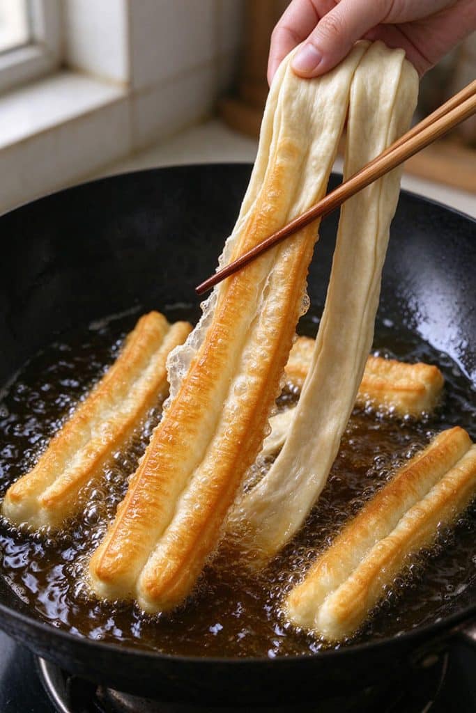 Lowering a stretched dough strip into hot bubbling oil in a wok and continuously turning with chopsticks.